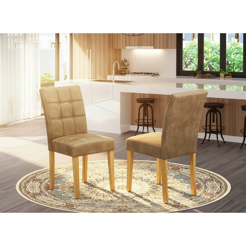 Amelius Parsons Kitchen Chairs - Brown Textured Polyester Fabric Padded Seat and Button Tufted Chair Back – Oak Finish, SET OF 2