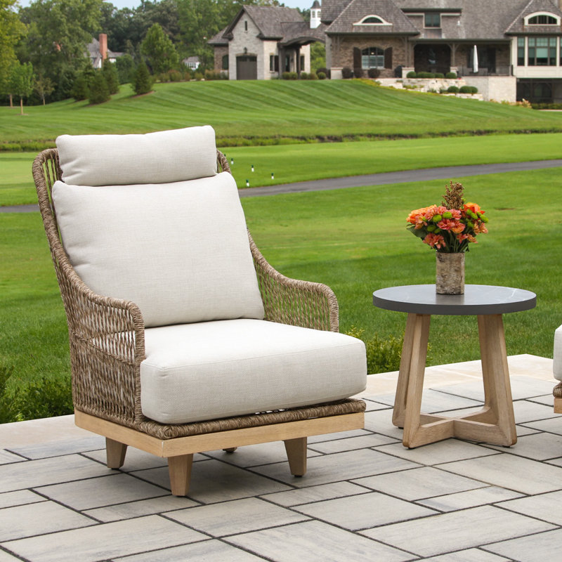 Chaise crème Swviel avec tissu d'oléfine, Coussin crème / brun / structure en bois naturel