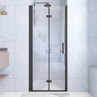 Porte de douche pliante 34 po x l 72 po avec verre trempé épais de 1/4 po noir mat | Cadre en aluminium | Poignée en acier inoxydable | Film antidéflagrant