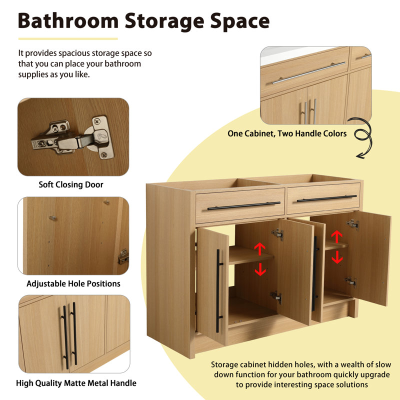 Base de meuble-lavabo autoportant 48 po, armoire de rangement moderne en contreplaqué avec 4 portes à fermeture douce, support en bois sans évier, chêne