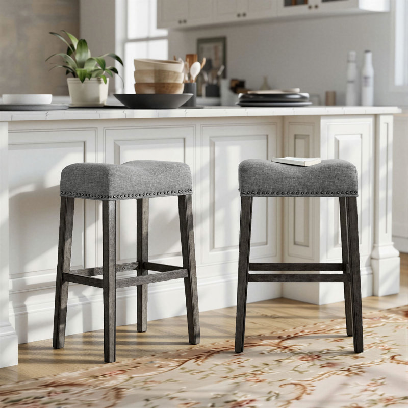 Oenone Backless Bar Stools, Upholstered Saddle Seat With Nailhead Trim, Weathered Wood Legs - Set of 2, Dark Gray, Black