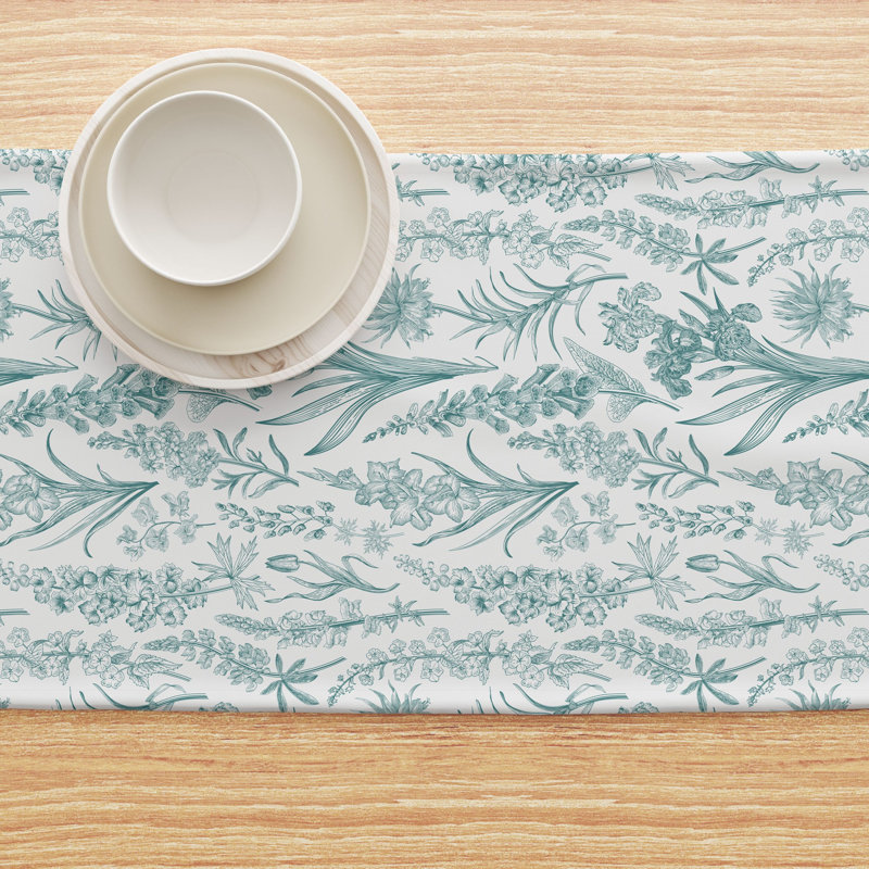 Table Runner, 100% Cotton, 16X72", Green Garden Flowers, 108" L x 16" W