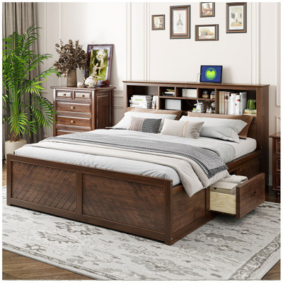 Lit plateforme très grand en bois avec tête de lit multi-rangements, USB et tiroirs, couleur bois antique