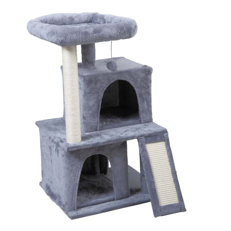 Arbre à chat gris à double couche avec échelle d'escalade en sisal et deux maisons pour chat - Tour d'activité de 34 pouces