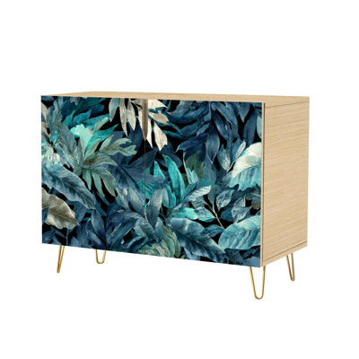 Sideboard Buffet Cabinet with Storage Hand Painted Botanical Foliage Mural with 2 Doors for Living Room and Kitchen