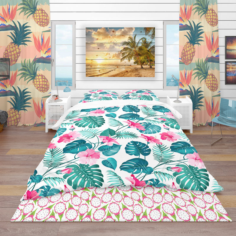 Ensemble de housse de couette tropical, Housse simple + 1 taie décorative