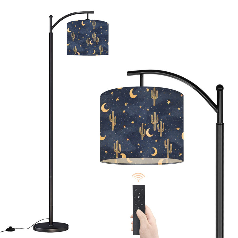 Lampe sur pied à arc avec abat-jour réglable Cactus Lune Étoiles dorées Lampe sur pied ciel bleu foncé 3 températures de couleur Lampe à poteau haut à intensité variable avec interrupteur au pied pour la chambre à coucher