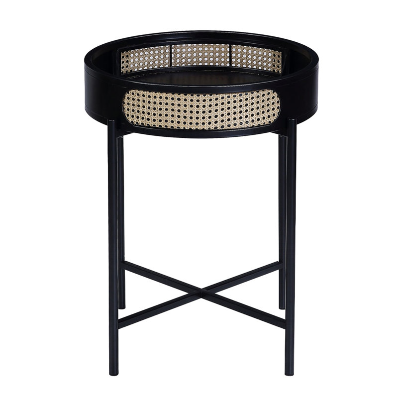 Table de bout ronde ouverte à plateau noir avec pieds en métal, insert et 1 espace de rangement.