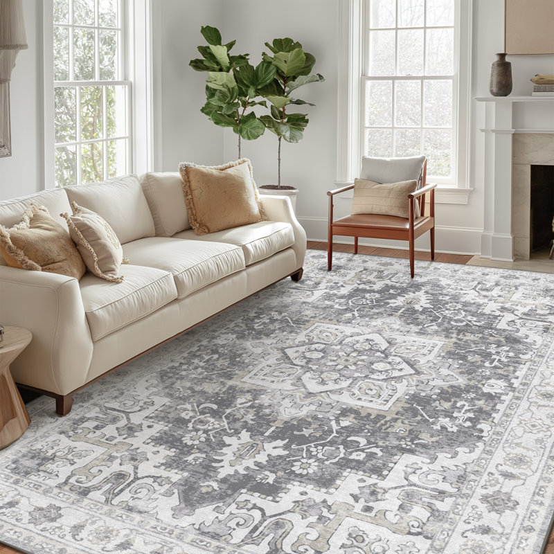 Nathalya Gray Performance Machine Washable Non Slip Area Rugs, Rectangle 8' x 10'
