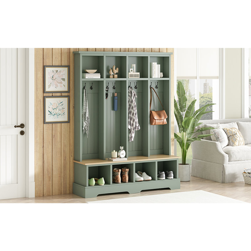 Farmhouse Hall Tree with 8 Hooks, Practical Entryway Bench with Open Compartments, Mint Green
