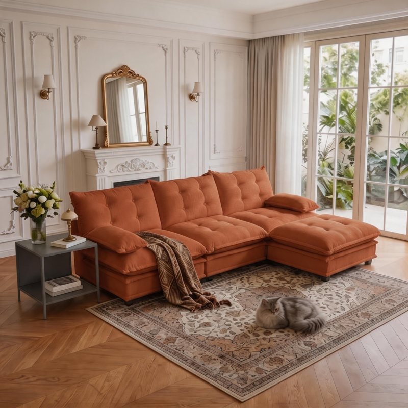 Canapé modulaire en L 107 po avec repose-pieds et siège profond L 107 po, Orange Chenille, H 35,4 po x l 107 po x P 33,8 po