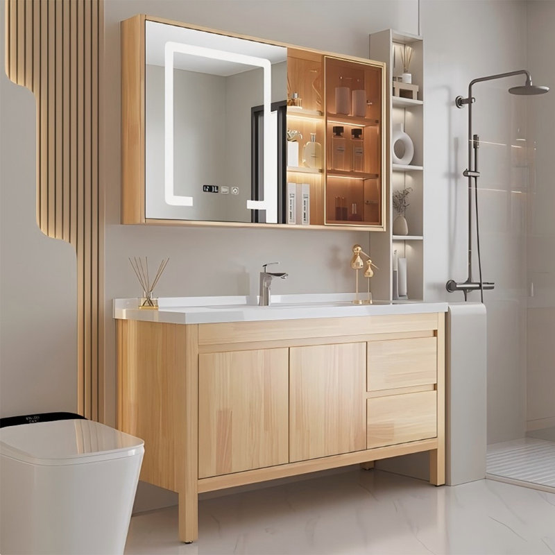 Meuble-lavabo autoportant en bois d'hévéa massif de 39,76 po avec miroir, 40"