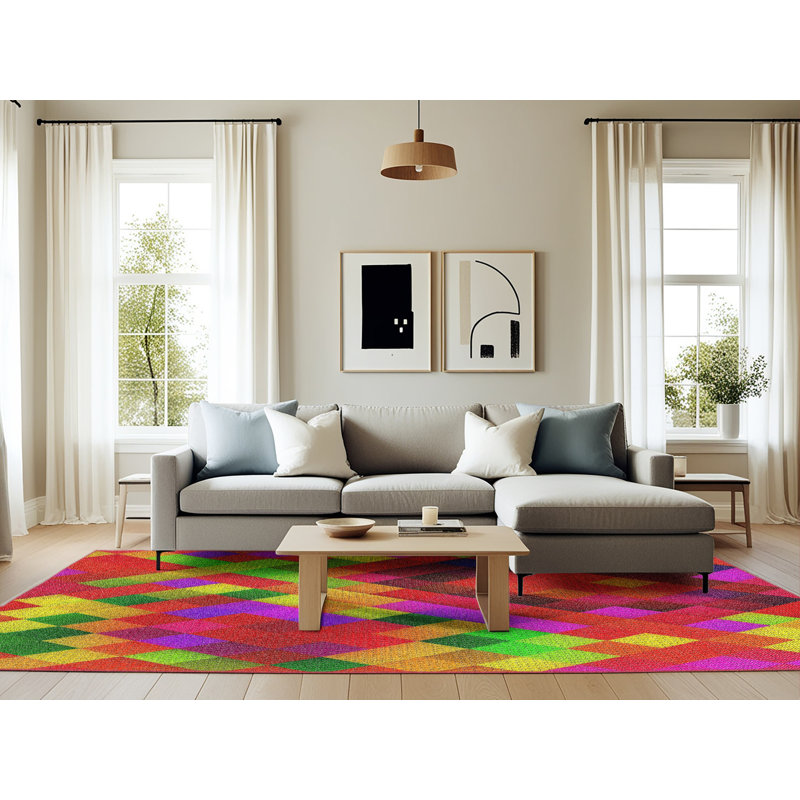 Tapis jaune/vert/rouge tissé à la machine, Rectangle 6 pi x 9 pi