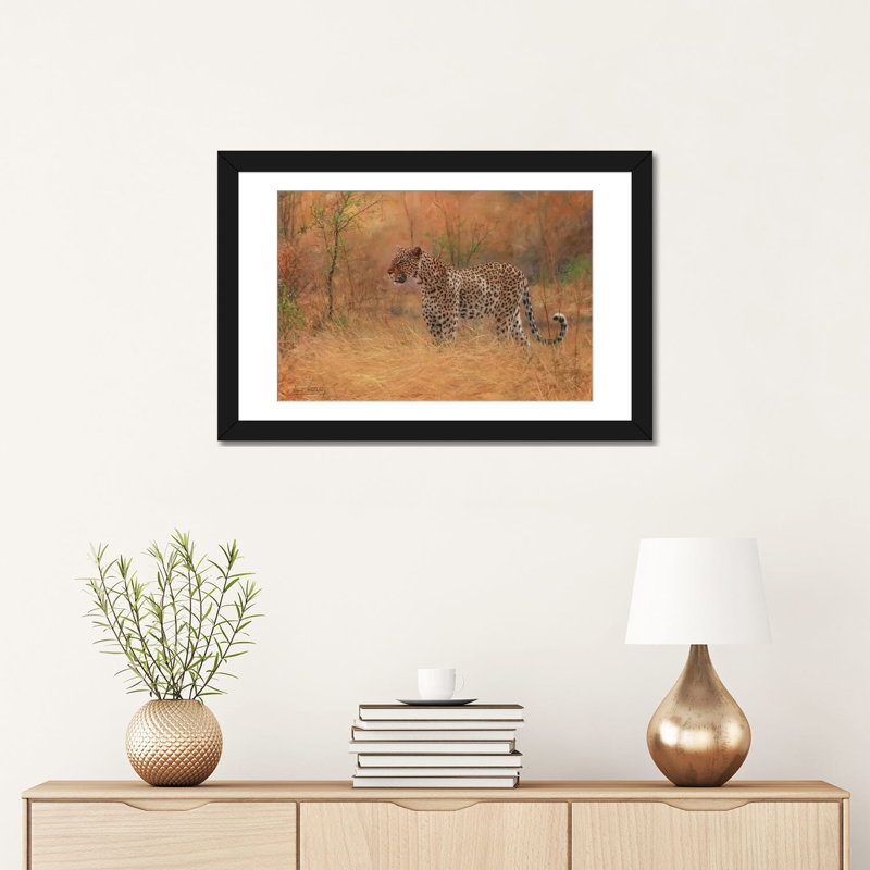 «Leopard in Forest», impression sur toile, Papier d'art encadré noir, Blanc, H 24 po x l 32 po x P 1 po
