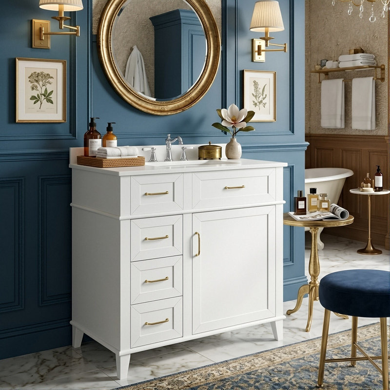Meuble-lavabo autoportant de 30 po avec lavabo en céramique, armoire moderne avec 3 tiroirs à fermeture en douceur, tablette réglable et poignées dorées luxueuses