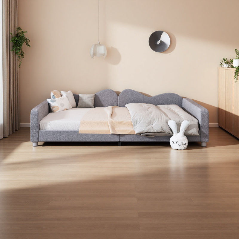Upholstered Daybed, Sherpa Fabric Sofabed With Cloud-Shaped Backrest, No Box-Spring Needed, Grey, Full