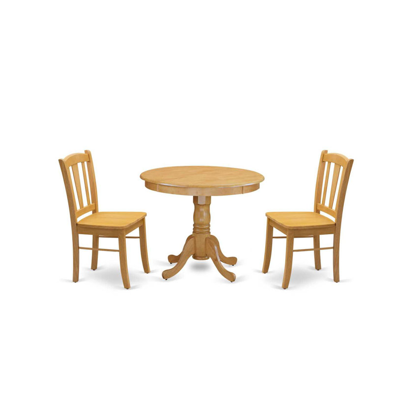 3 Piece Dining Set Contains a Round Dining Room Table with Pedestal and 2 Wood Seat Chairs, Oak, Oak, 3, Oak
