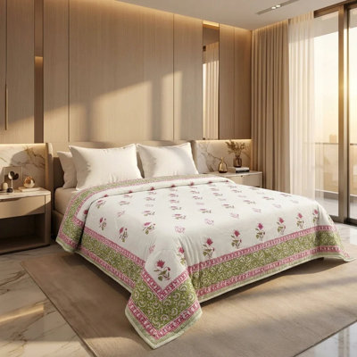 House of Avana Cream & Rose Pink Botanical Floral Jaipur Indian Hand Block Print Quilted Comforter
