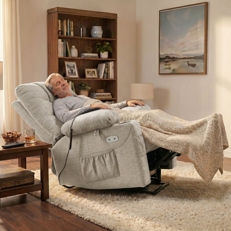 Fauteuil basculeur inclinable électrique avec repose-pieds prolongé Roder, revêtement en tissu, Mélange de coton avoine