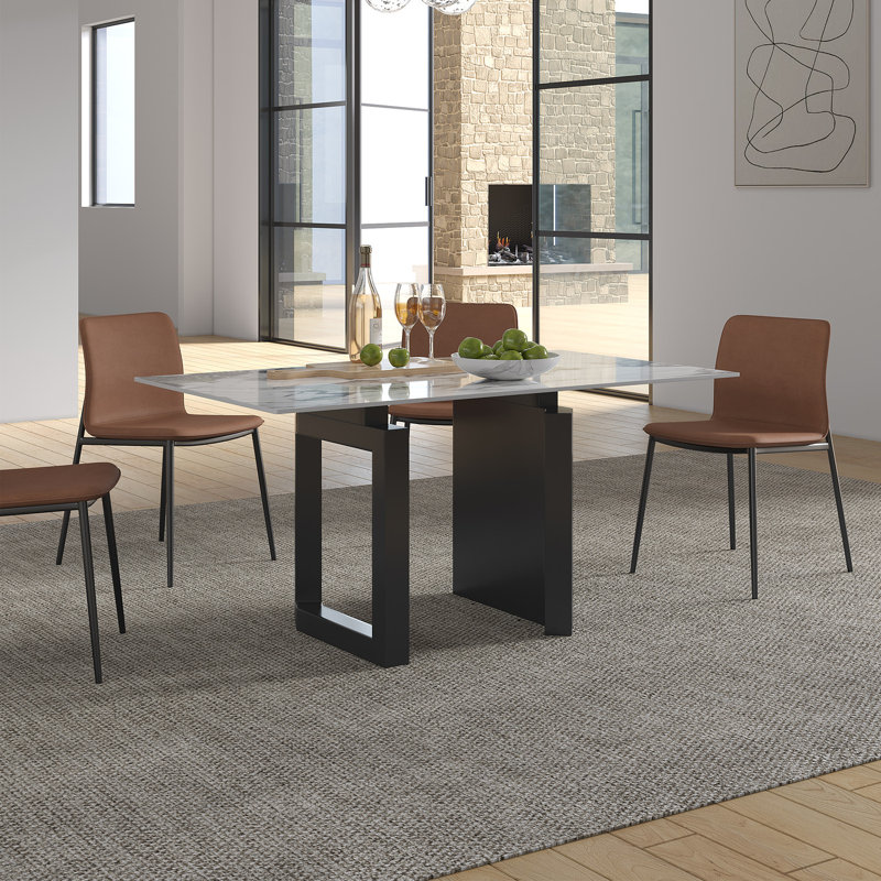 Table de salle à manger blanche avec 2 pieds piédestal noirs, H 29,53 po x l 34,5 po x L 62,99 po