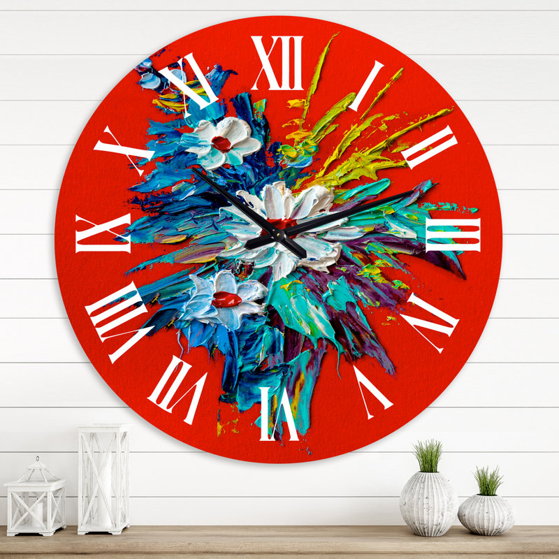Marguerites dans le jardin sur fond rouge - horloge murale maison de campagne, Grand