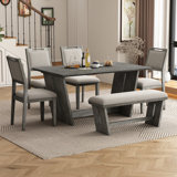 6-Piece Retro Dining Set, 1 Rectangular Table with 4 Upholstered Chairs and 1 Bench