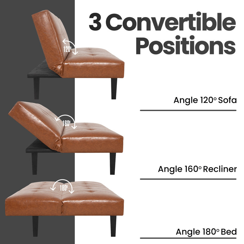 Armaquis Twin 66'' Faux Leather Convertible Sofa, Caramel Faux Leather
