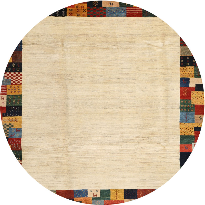Tapis contemporain beige / jaune, Rond 5 pi