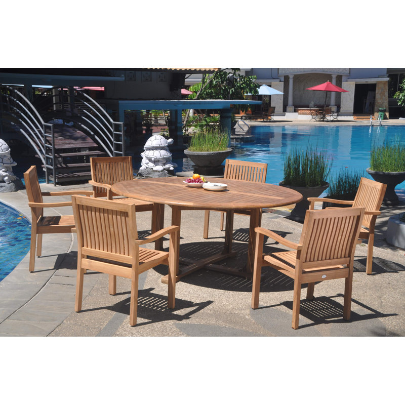 6 Seats 7 Pcs Grade-A Teak Wood Dining Set: 72" Round Table And 6 Leveb Stacking Arm Chairs #11LV1706, 4