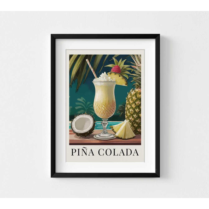 Art mural Pi pi Colada: impression cocktail tropical, H 56 po x l 42 po, Impression encadrée avec passe-partout, Noir