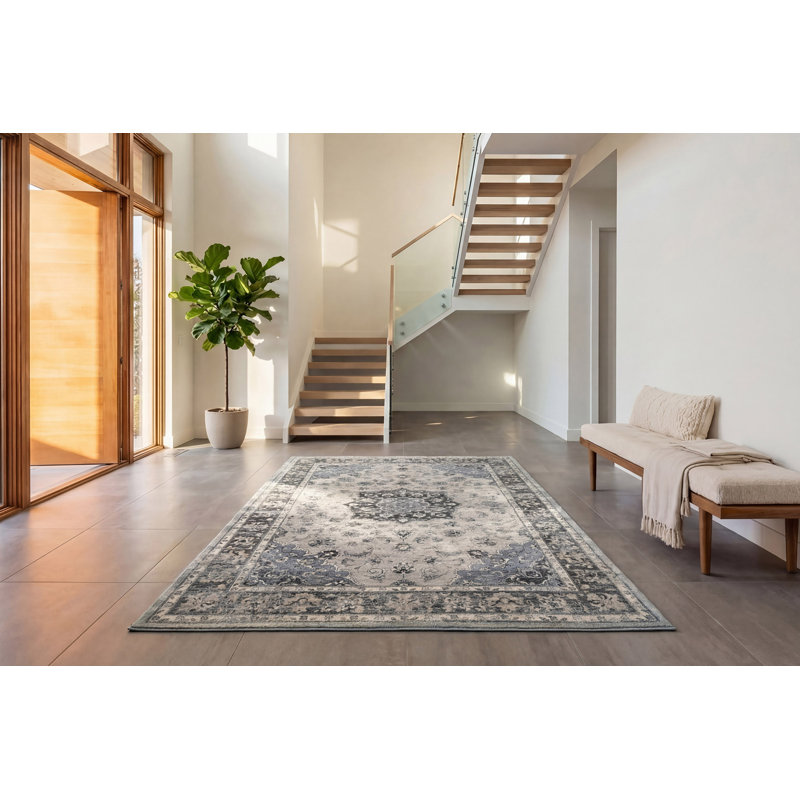 Tapis oriental argent / bleu, Rectangle 6 pi 7 po x 9 pi 6 po