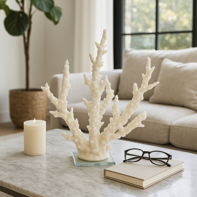 Decorative Coral Sculpture Statue On Glass Base For Home Decor - Perfect Costal Decorative Object Figurine For Living Room Decorations - 14", White