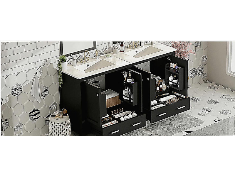 Ensemble de coiffeuse de 60 pouces, avec coiffeuse double (séparée), lavabos doubles en céramique, tablette de rangement, tiroirs divisés, sans miroir - une solution de salle de bain moderne pour les salles de bain spacieuses