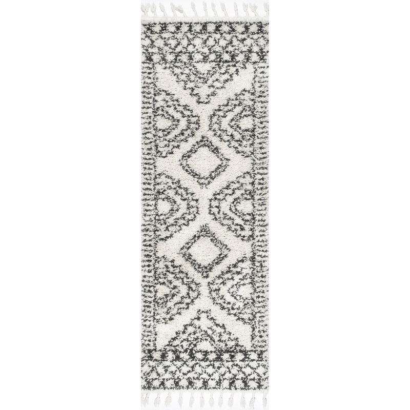 Adry Moroccan Shag Tasseled Cream/Charcoal Area Rug, Oval 8' x 10'
