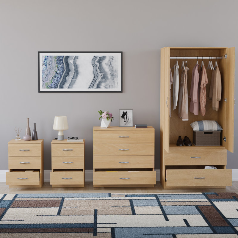 Tayce 4 Piece Bedroom Set (3 Drawer Bedside Chest X2, 5 Drawer Chest, 2 Door 2 Drawer Wardrobe), Tan