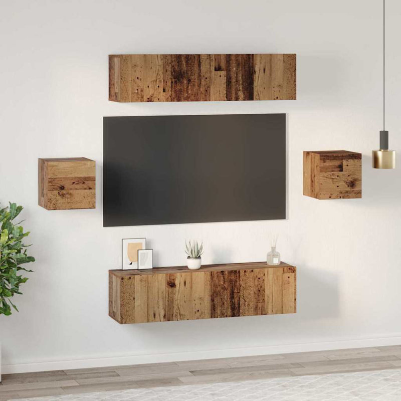 TV Cabinet Set Wall-Mounted 6 Pcs Engineered Wood, Old Wood, 30cm H x 60cm L x 30cm W