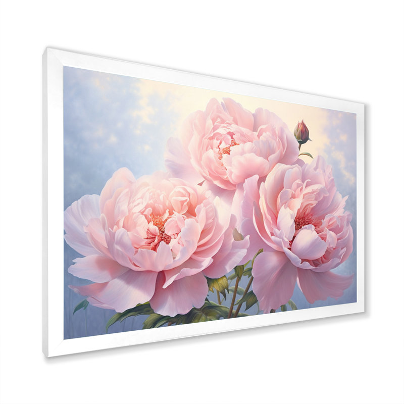 Pivoine rose II - art mural floral, H 12 po x l 20 po x P 1 po, Cadre simple blanc