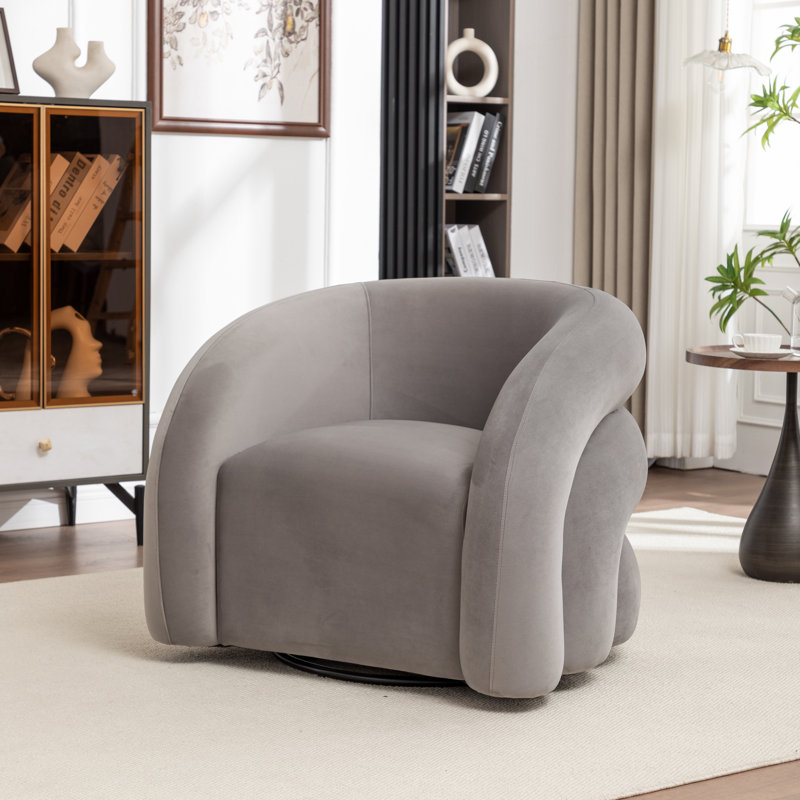 Fauteuil demi-tonneau pivotant rembourré Coyle, Velours gris velours, 1