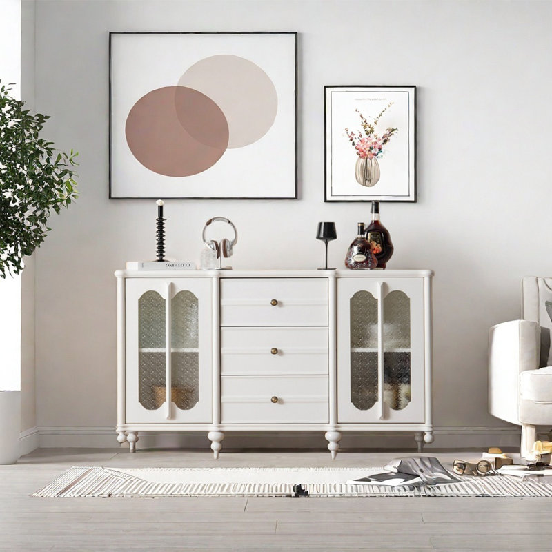 Buffet rétro avec 2 portes et 3 tiroirs, Blanc