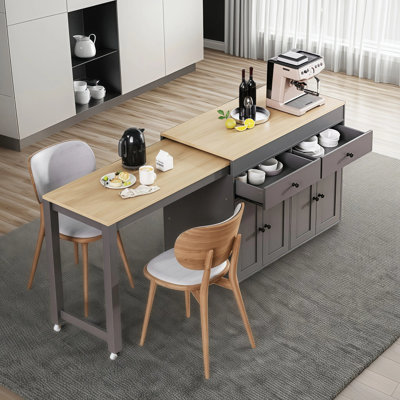 74.5” Inch Kitchen Island Cart With Extendable Table, 4-Door Cabinet & Wheels, Mobile Storage With Spice Rack And Drawers For Kitchen And Dining Room, Gray