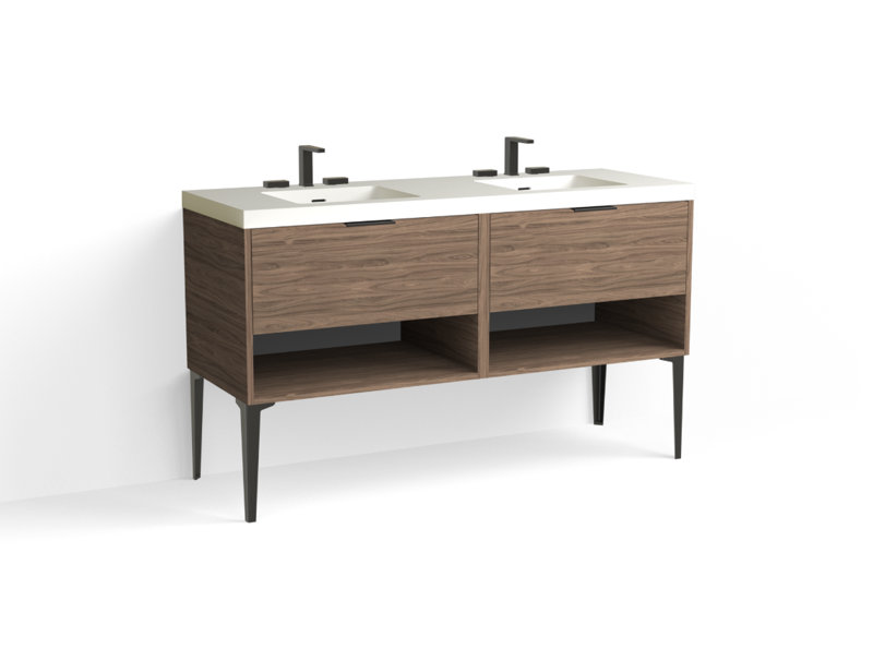 Modo 60" W Freestanding Double Bathroom Vanity with Dean Leg, Gloss White/8" Widespread, Nocino, Matte Black