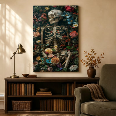 Squelette entouré de fleurs éclatantes, tableau sur toile numérique surréaliste d'Halloween, 61 cm (H) x 91 cm (L), prêt à accrocher