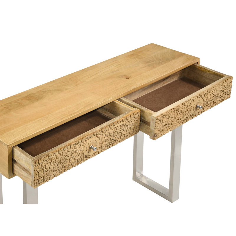 Console à 2 tiroirs aux couleurs naturelles et argentées, base élégante de style traîneau, tiroirs spacieux pour l'organisation, espaces contemporains idéaux, console rectangulaire 32 pouces High Harmony, tons de bois avec