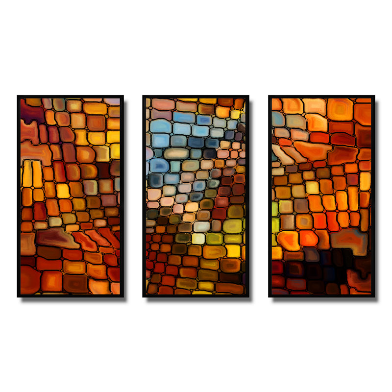 Rêve de vitrail - ensemble de 3 reproductions d'art encadrées abstraites sur toile, H 20 po x l 36 po, Noir, noir, noir, noir