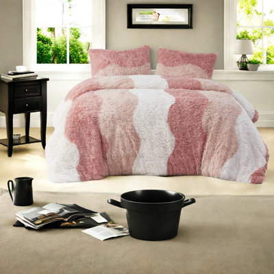 Ombre Shaggy Faux Fur Bedding Sets, Blush Multi, Queen/full Size, Soft And Cozy Home Decor