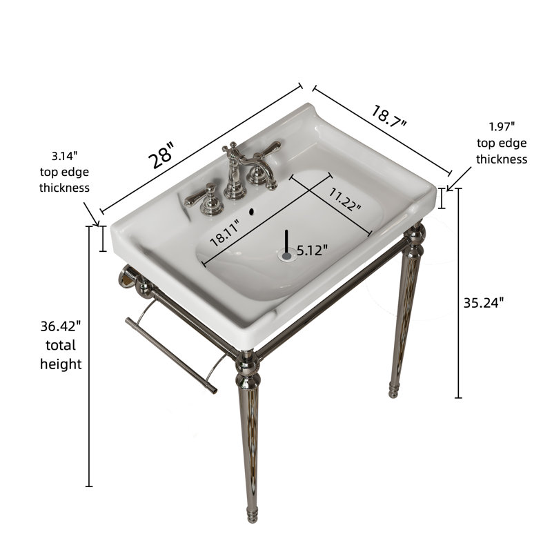 Meuble-lavabo 28 po avec console en métal, Blanc, Argent, 28"