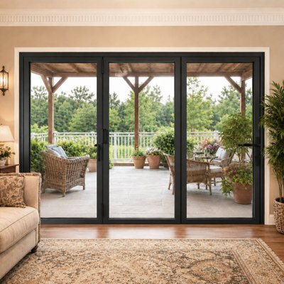 96In. W x 80In. H Right Outswing Double Tempered Glass Black Aluminum Folding Patio Door 3+0