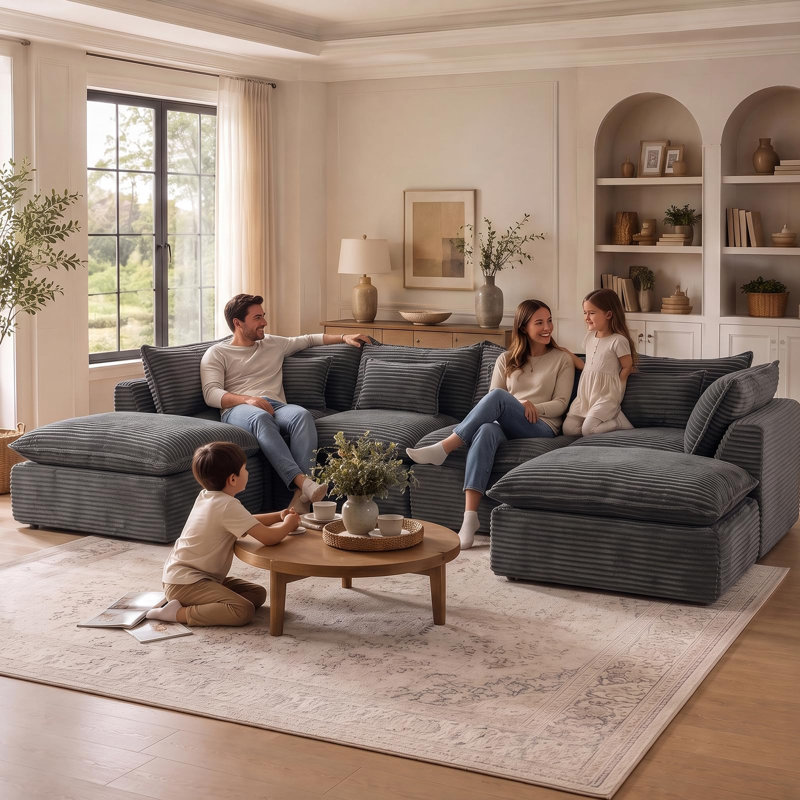 Canapé d'angle 4 places sans dossier de 330 cm avec 2 poufs, gris foncé, 130 Inch, Gris foncé