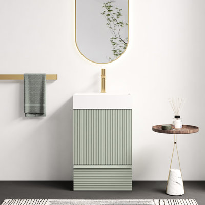 Meuble de salle de bain à rayures avec lavabo en céramique blanche, style autoportant, panneaux de classe E1, charnières, ouverture et fermeture en douceur, design moderne, matériau conforme aux normes E1, fermeture amortie, lavabo sans joint.
