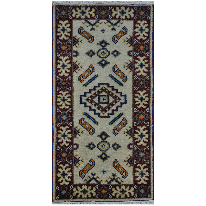 Tapis unique en laine noué à la main rouge / beige 2 pi x 4 pi
